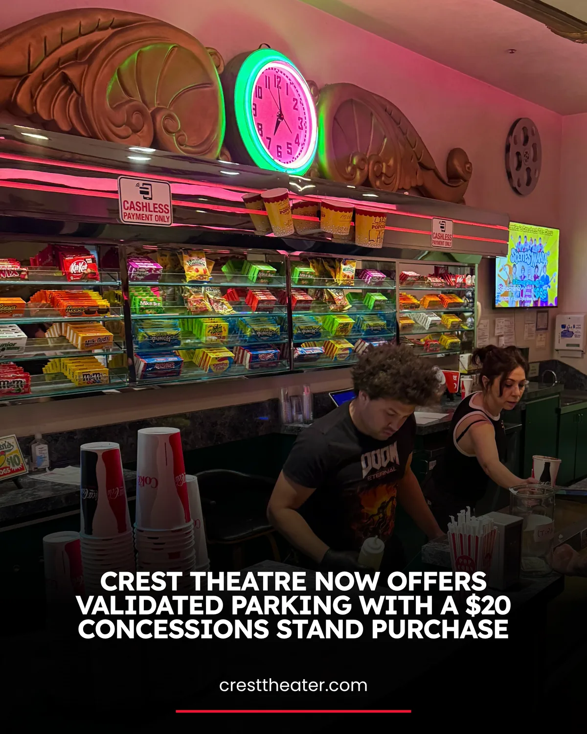 The Crest Theatre concessions stand: a neon clock above lit shelves of candy, two staff members behind the counter, and the headline: Crest Theatre now offers validated parking with a $20 concessions stand purchase.